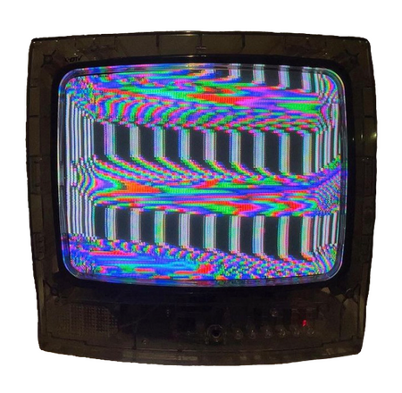 CRT monitor with transparent plastic casing and a glitching, staticky screen.